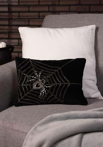 Black Velvet Pillow with Chain Web and Beaded Spider